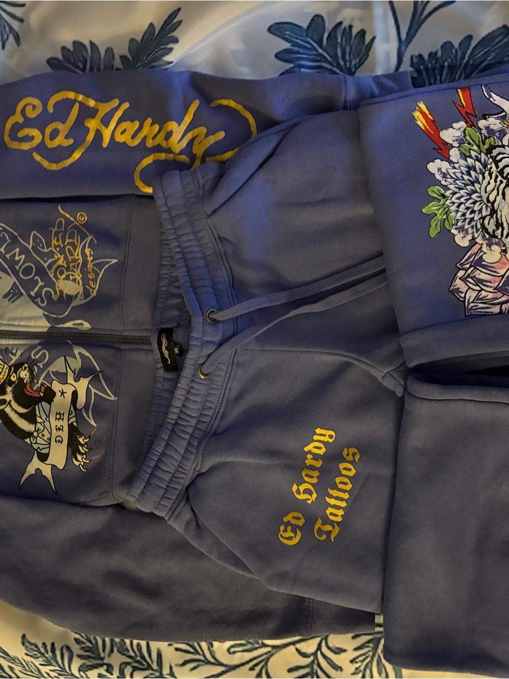Ed Hardy Purple Jogger Sweatsuit with Yellow Logo & Multicolor Tattoo Graphics